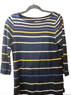 LOFT Navy Striped 3/4 Sleeve Boatneck Top with Pastel Accents